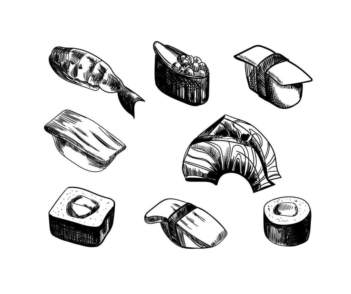 juego de sushi incompleto, rollos aislados sobre fondo blanco. ilustración en blanco y negro para el menú del restaurante. vector