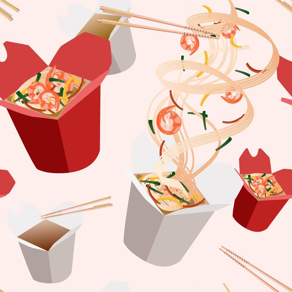 comida china en cajas de patrones sin fisuras. Cajas de cartón con fideos, verduras, mariscos y carnes, diferentes rellenos. comida asiática tradicional. fondo de alimentos vectoriales. vector