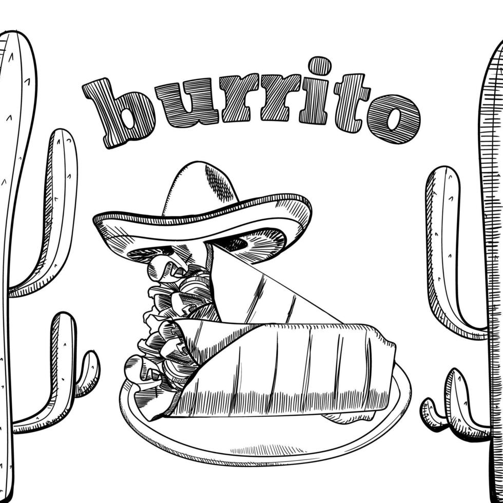 envoltura de burrito estilo boceto dibujado a mano. ilustración de la cocina tradicional mexicana. comida rápida. dibujo de comida callejera. mejor para el menú del restaurante y el diseño de paquetes. ilustración vectorial vector