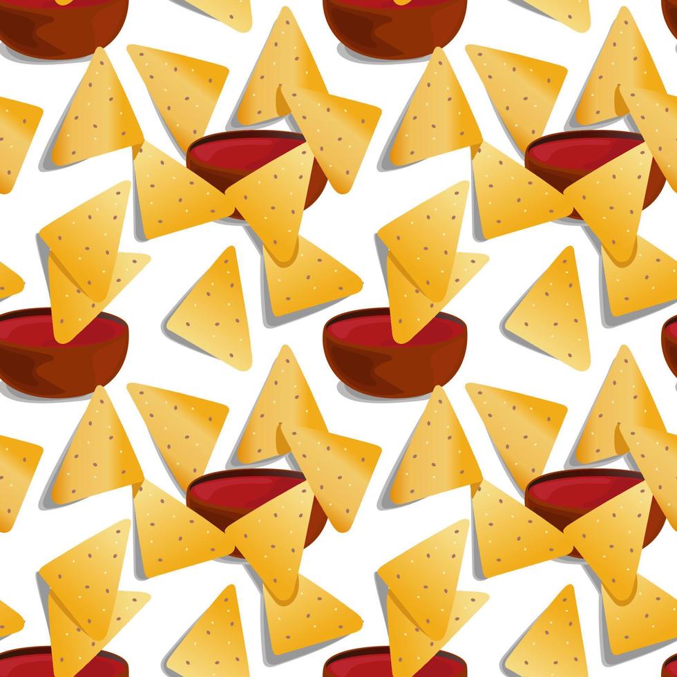 Nachos seamless pattern. Traditional Mexican tasty snack illustration with sauce. Cartoon background. Design for fashion , fabric, textile, wallpaper, cover. Vector illustration.