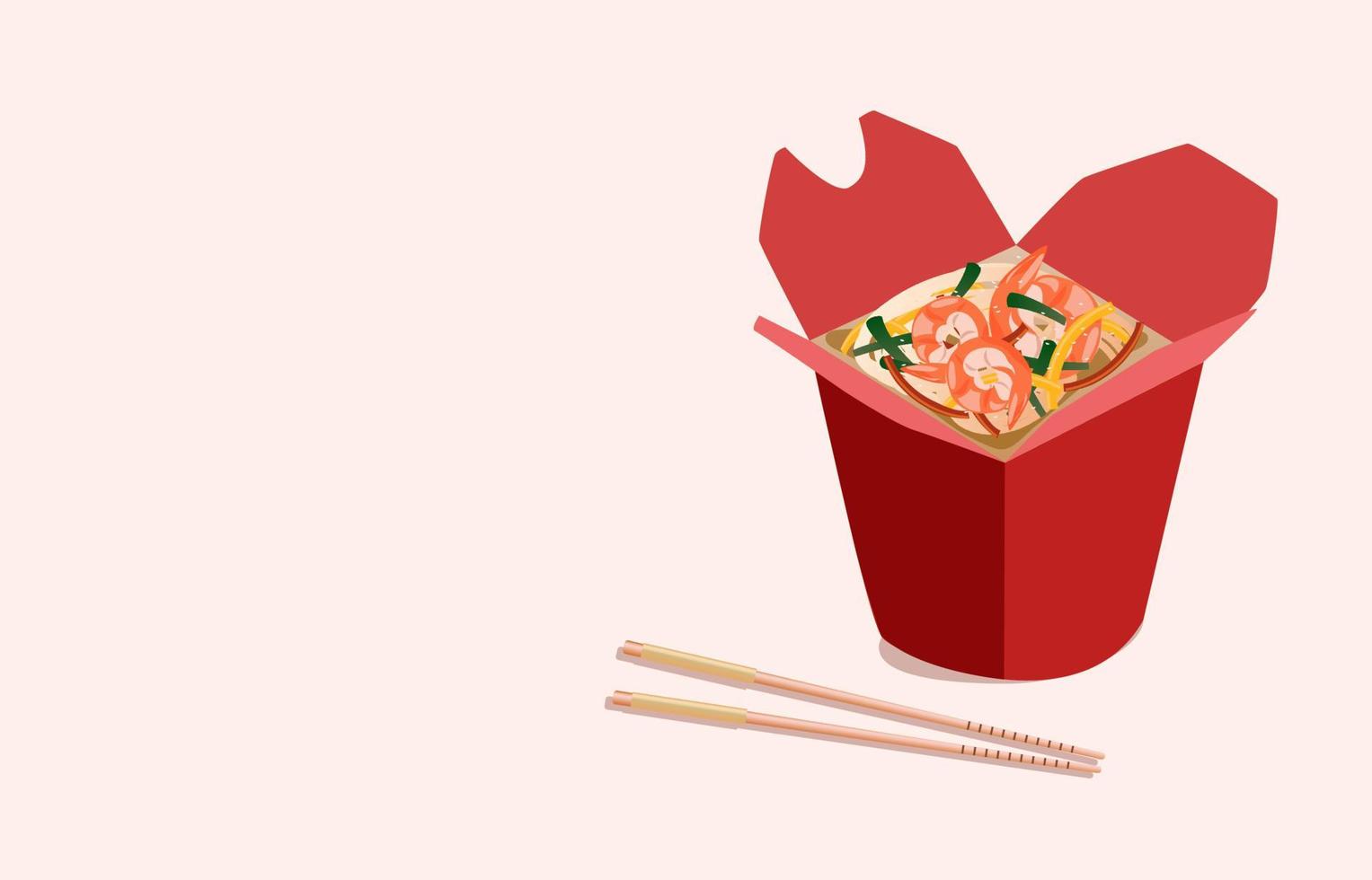 Takeaway carton box noodles with veggies and wok fried shrimp. Take out carton food package with noodle hieroglyphs. Traditional Chinese, Thai dish, flat vector illustration.