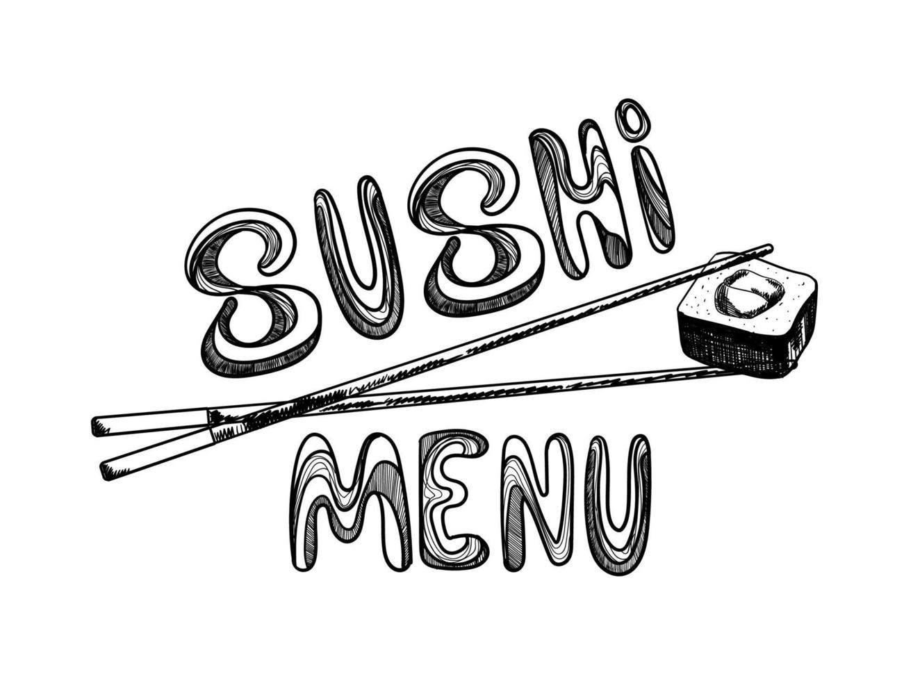 Japanese sushi logo for concept design. An element for menu design. Chopsticks holding sushi roll. Asian food. Black and white graphics. Vector illustration.