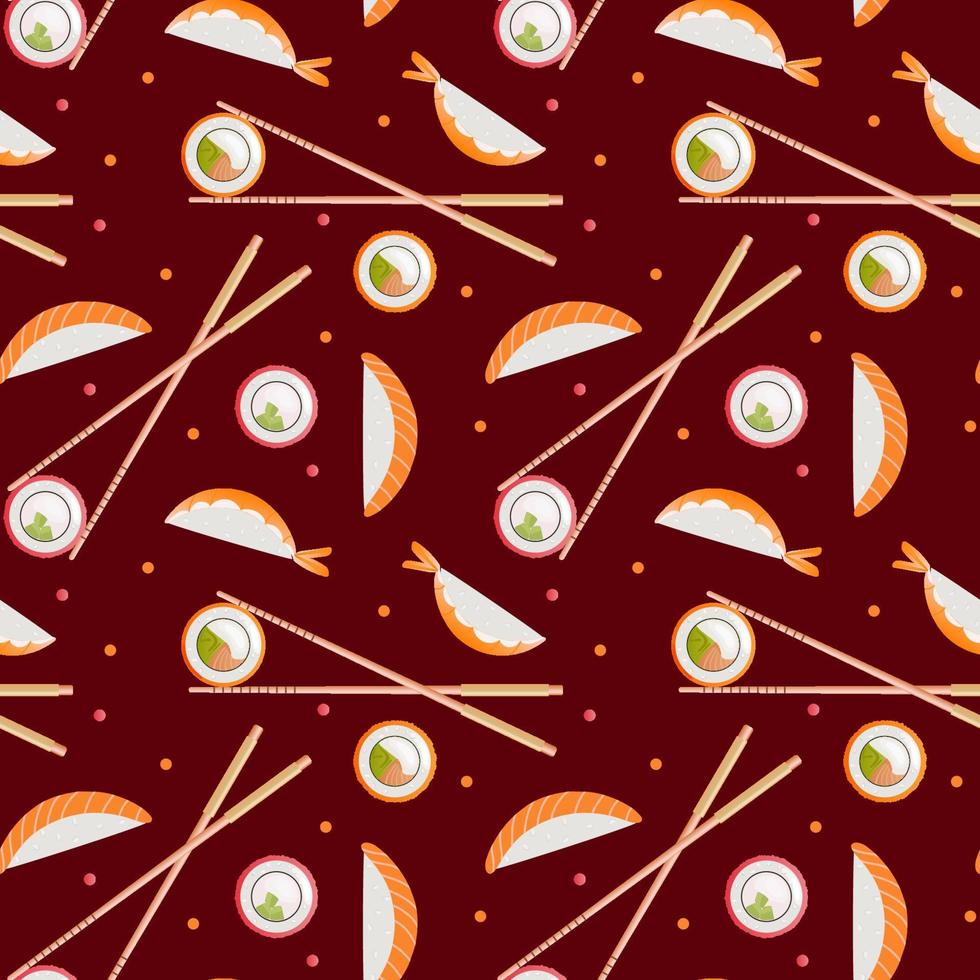 Sushi and rolls on red background seamless pattern. Japanese, asian food design for fashion , fabric, textile, wallpaper, cover. Vector illustration.