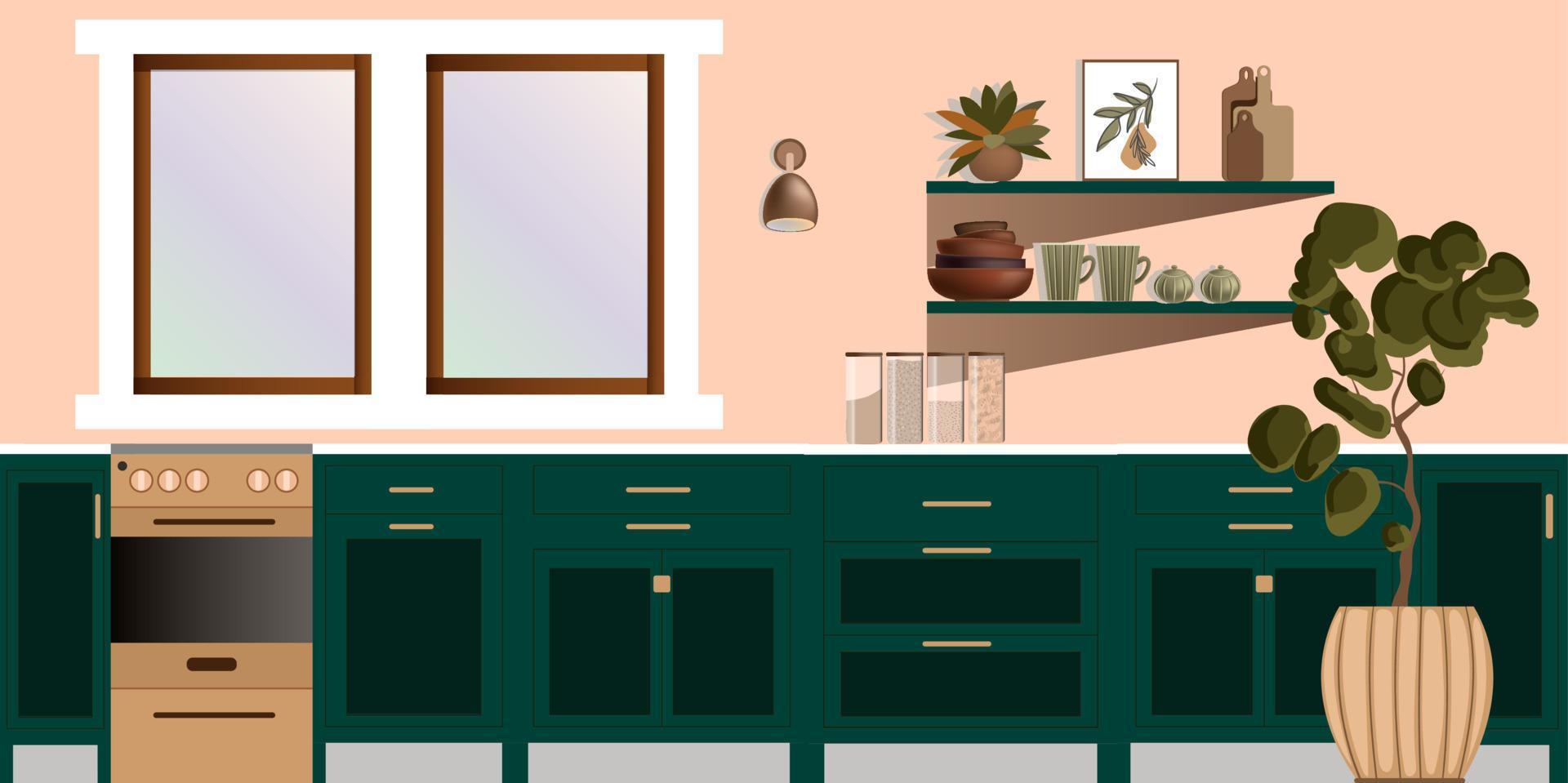 Kitchen, flat style. Green kitchen with stove, shelves, utensils and decor. vector