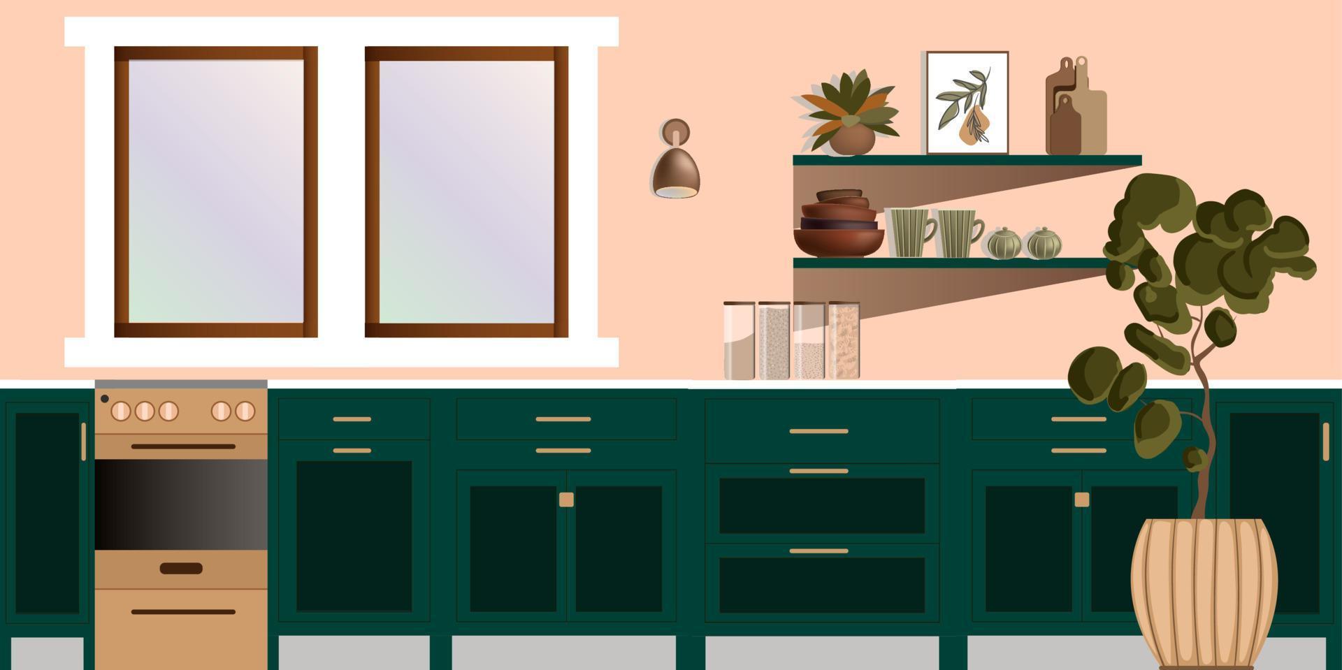 cocina, estilo plano. cocina verde con estufa, estantes, utensilios y decoración. vector