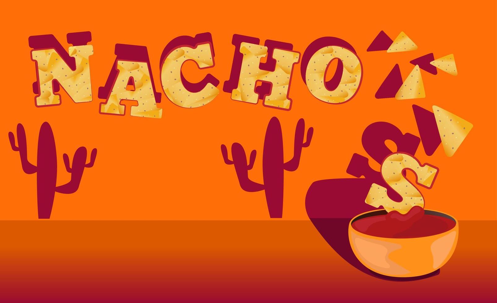 Nachos banner. Banner with delicious mexican nachos with tomato salsa sauce in cartoon. Template design, labels, menu, caffee, restaurant, advertise. Takeaway snack. Vector illustration.