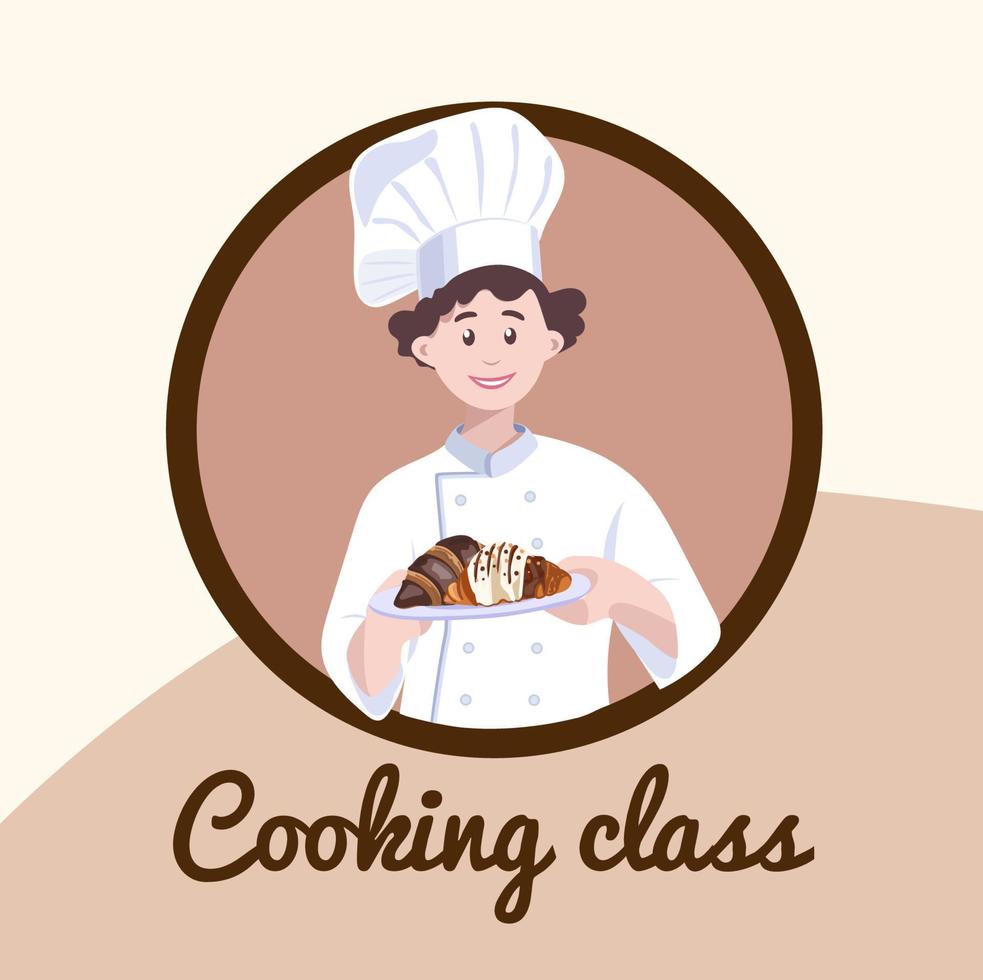 Chef with a dish in his hands. cooking Class illustration. A male cook in a white uniform. Concept illustration of the restaurant business. Vector illustration of a cartoon character.