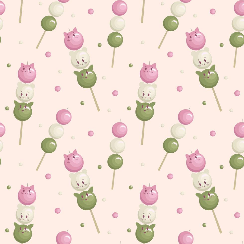 Japanese traditional dessert pattern on light pink background. Hanami Dango. Japanese Dango dessert. Pattern for print, textile, wrapping paper, decoration. Vector illustration. Cartoon style.