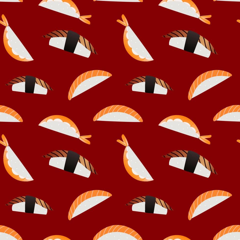 sushi en patrones sin fisuras de fondo rojo. diseño de comida japonesa y asiática para moda, tela, textil, papel pintado, cubierta. ilustración vectorial vector