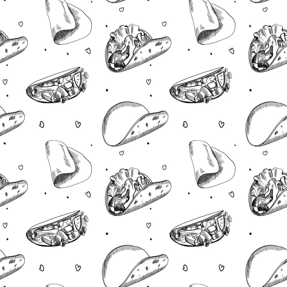 Tacos seamless pattern, hand drawn illustration. Mexican cuisine. Fast food menu design. Tacos hand drawn. Mexican food. design for fashion , fabric, textile, wallpaper and cover. Vector illustration.