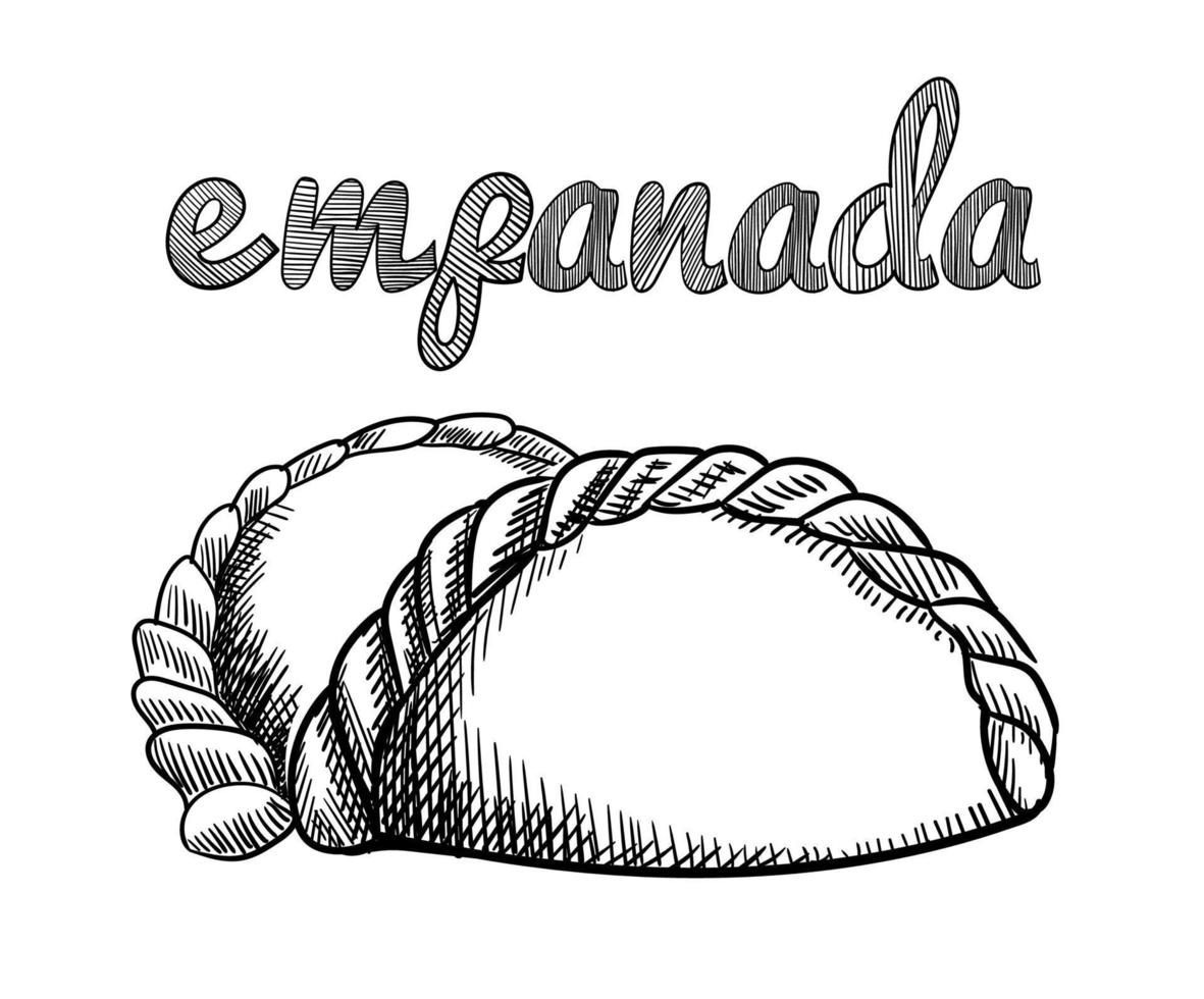 empanadas de estilo boceto dibujados a mano. Típica comida rápida latinoamericana y española. ilustración vectorial aislado sobre fondo blanco. mejor para diseños de menú, paquetes. vector