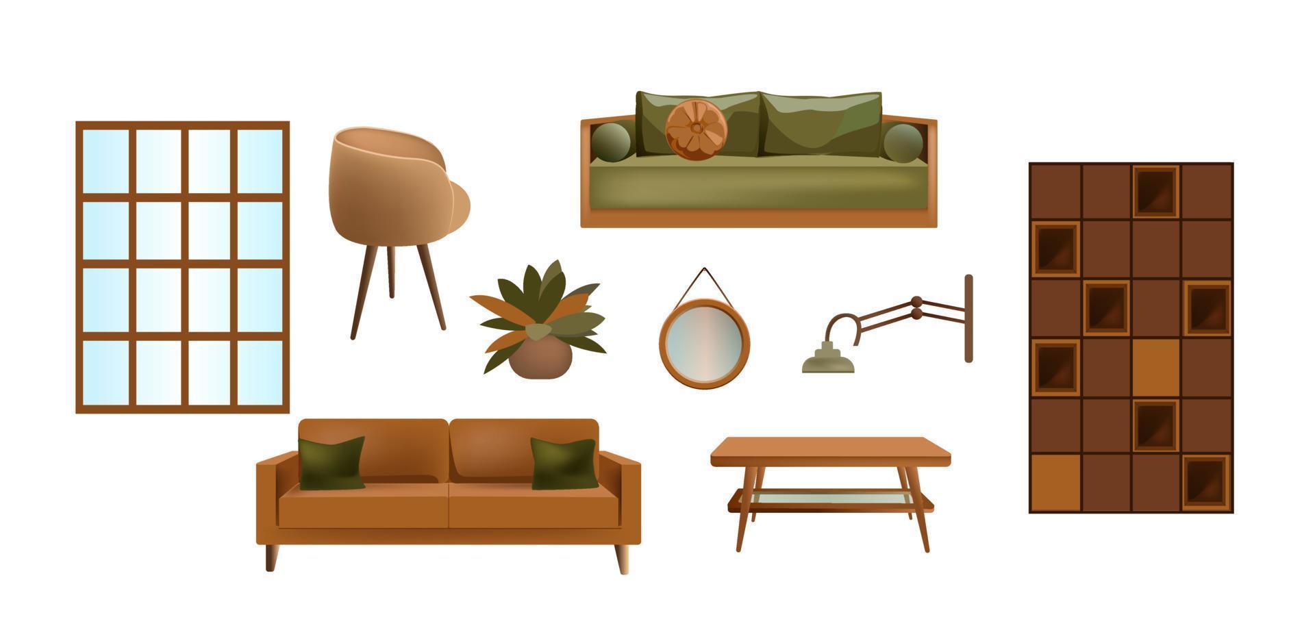 Set of furniture in the living room. Sofa, chair, coffee table, lamp, mirror and wardrobe. Isolated objects on a white background. vector