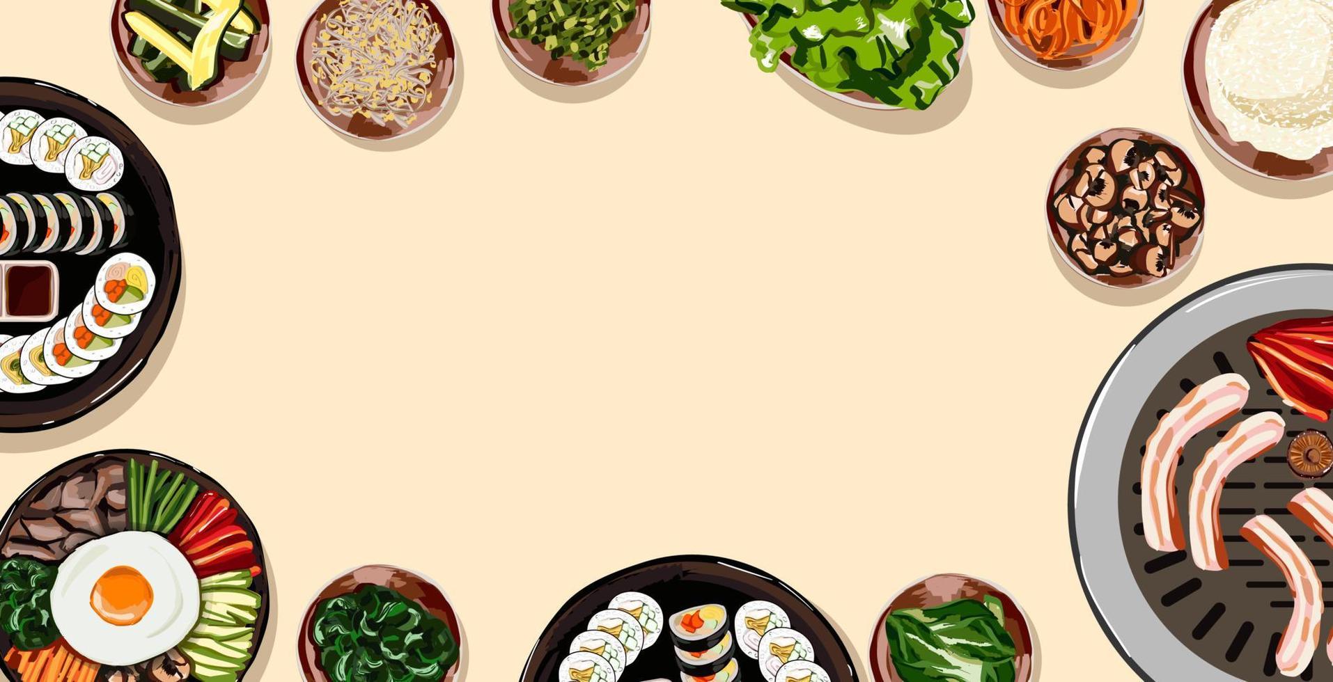 Top view of traditional korean food on a table vector Illustration, Delicious korean BBQ grill with all small side dishes set, beef and pork korean barbecue, asian food background.