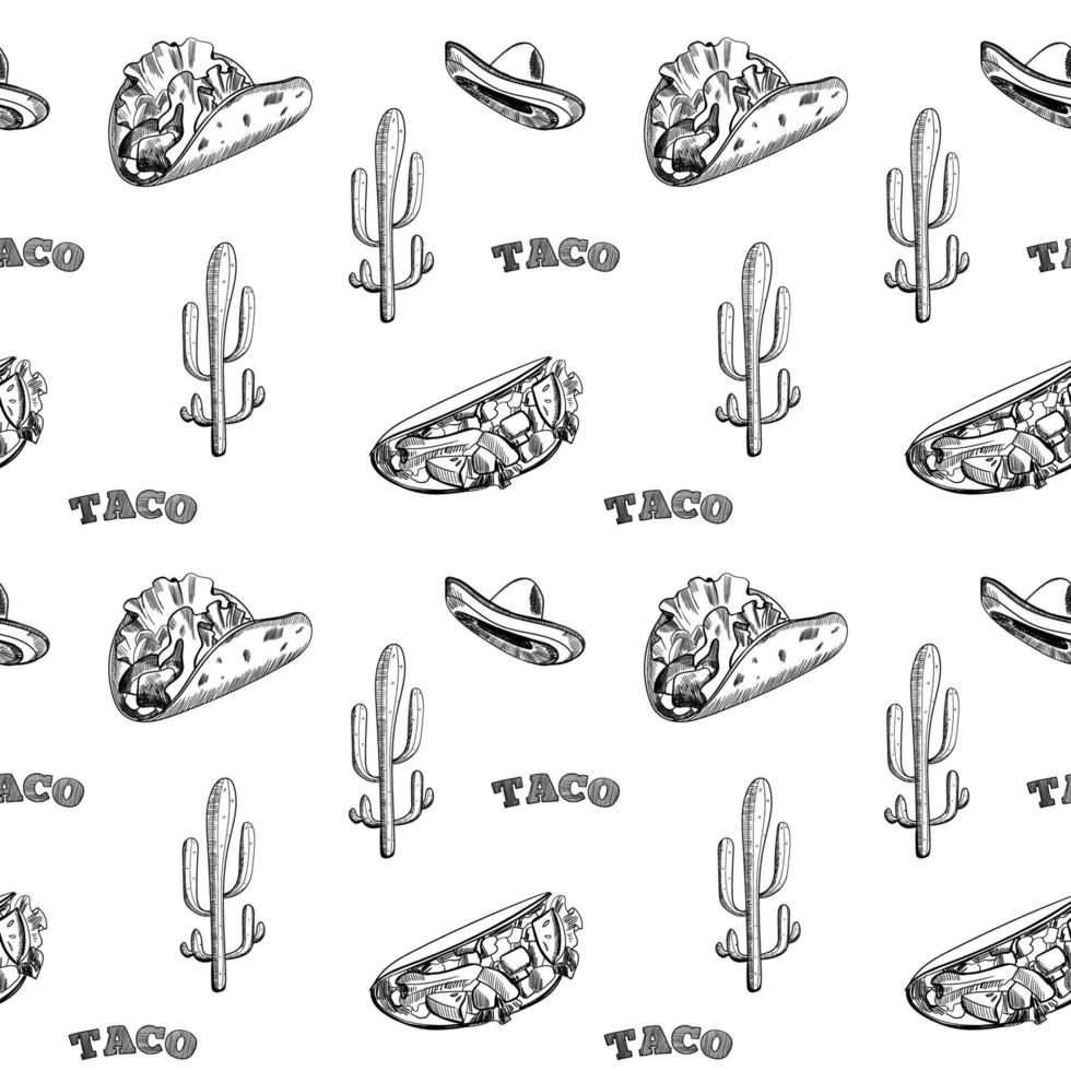 tacos de patrones sin fisuras, ilustración dibujada a mano. cocina mexicana. diseño de menú de comida rápida. tacos dibujados a mano. comida mexicana. diseño para moda, tela, textil, papel tapiz, cubierta. ilustración vectorial vector