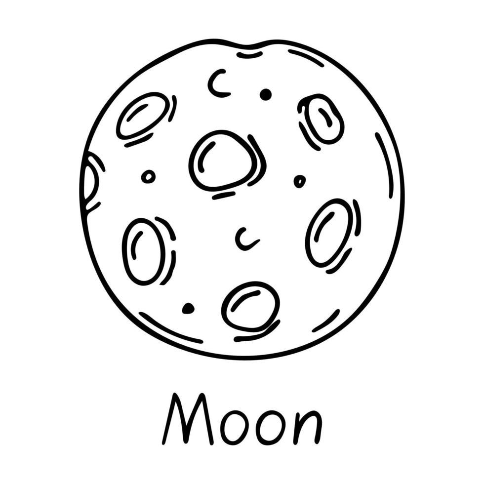 Doodle of Full moon isolated on a white background. Hand drawn vector illustration of planet of the Solar System. Good for coloring page book.