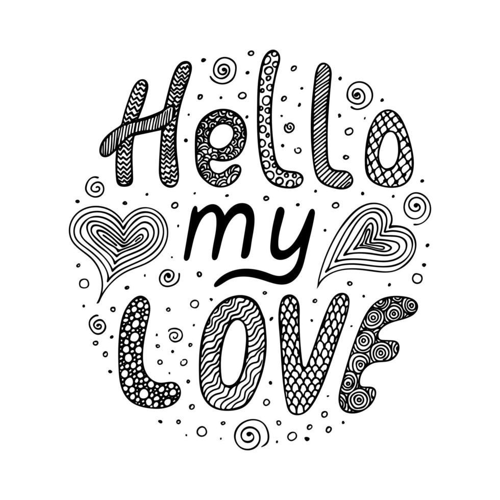 Handwritten quote Hello my love isolated on white background. Lettering for Valentine day. Good for t-shirt and mug print, greeting card. vector