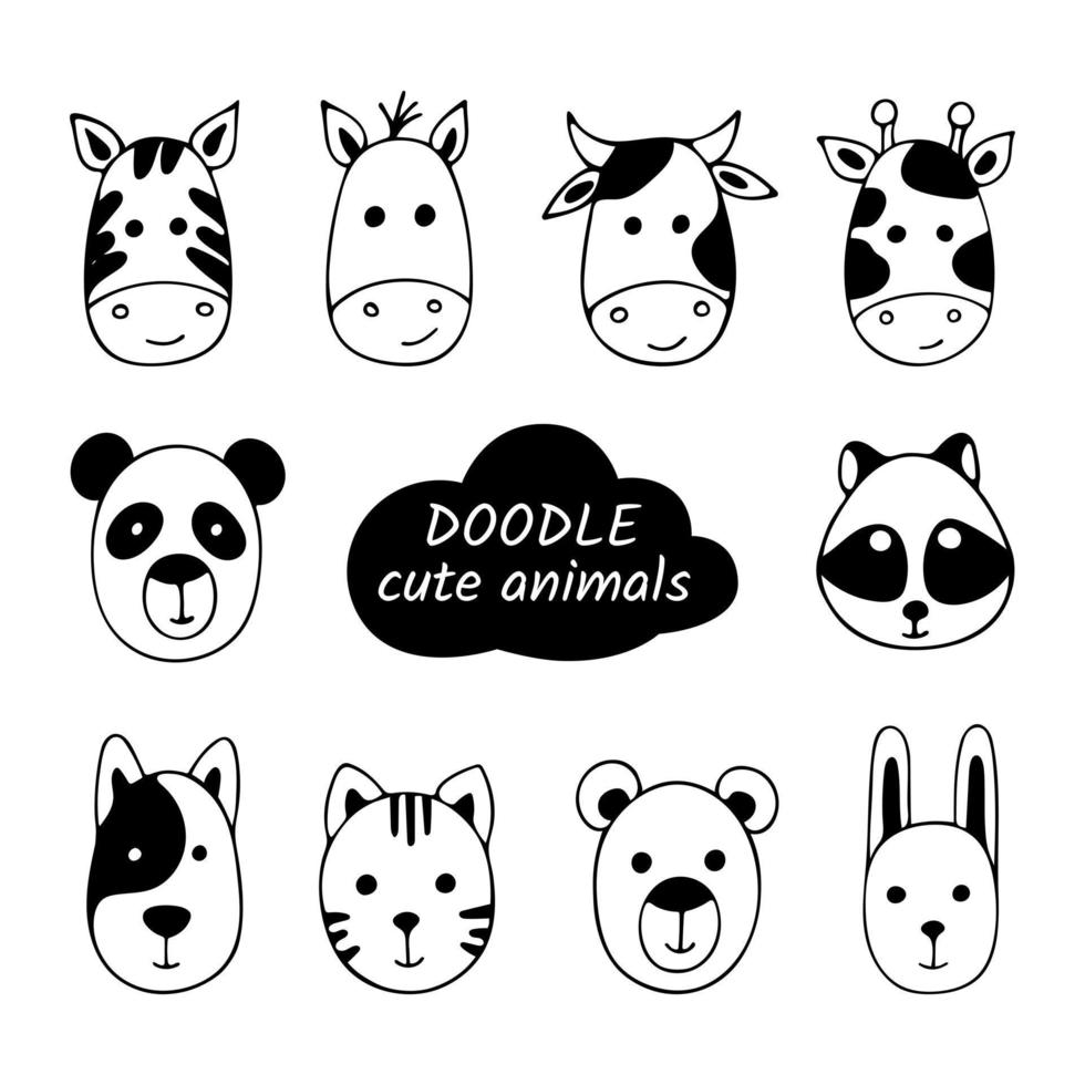 Doodle of heads cute animals set. Hand drawn vector illustration of bear, horse, zebra, hare, cow, cat, dog, giraffe, panda and raccoon. Childish design elements isolated on white background.