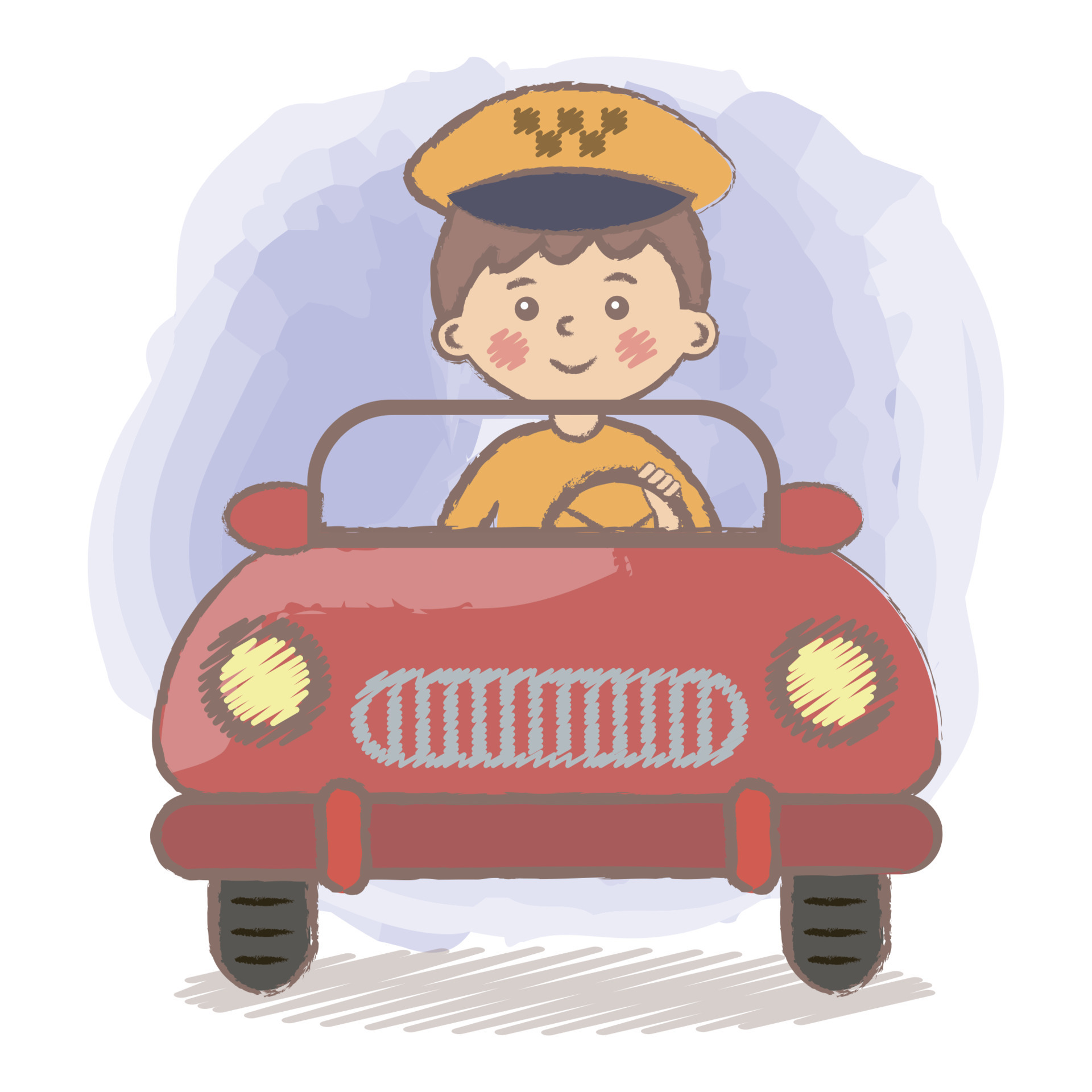 Taxi driver kid. Taxi driver child sit behind the wheel. Driver with
