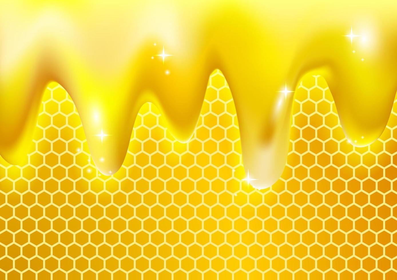 colmena en pantalla dorada. fondo de patrón hexagonal abstracto. diseño hexagonal. gotas de miel de jarabe amarillo dorado realista o salpicaduras de gotas de aceite líquido vector