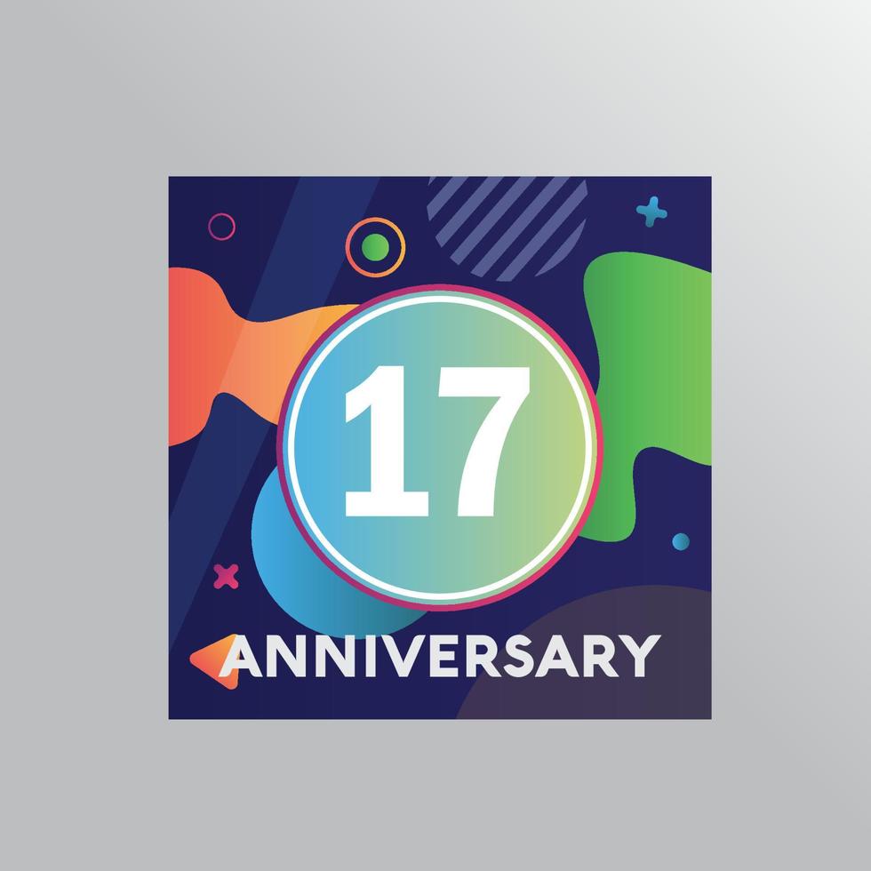 Logotipo de aniversario de 17 años, celebración de cumpleaños de diseño vectorial con fondo colorido y forma abstracta. vector