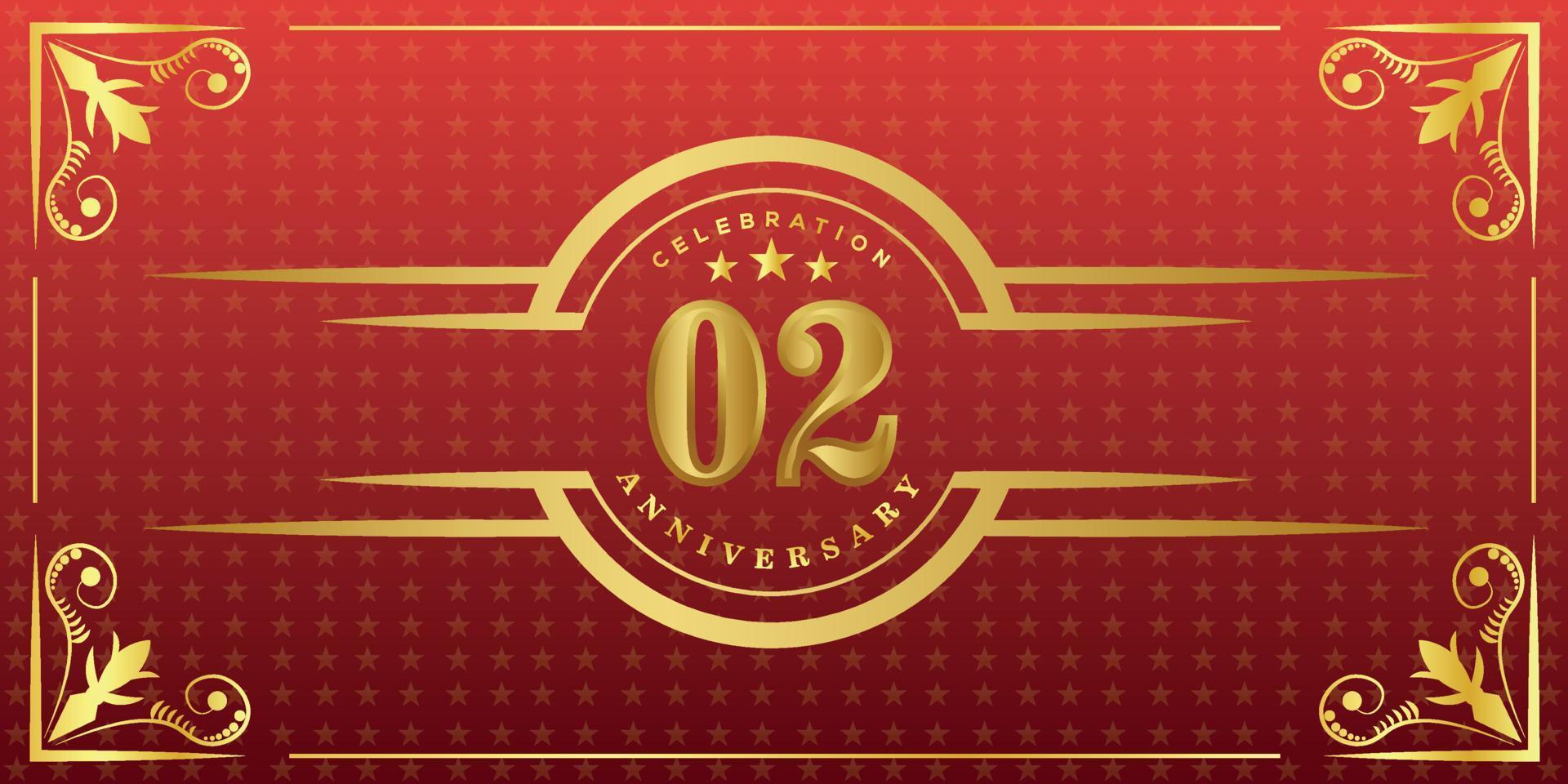 02nd anniversary logo with golden ring, confetti and gold border isolated on elegant red background, sparkle, vector design for greeting card and invitation card