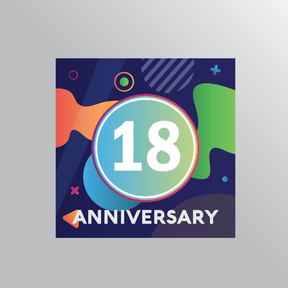 Logotipo de aniversario de 18 años, celebración de cumpleaños de diseño vectorial con fondo colorido y forma abstracta. vector