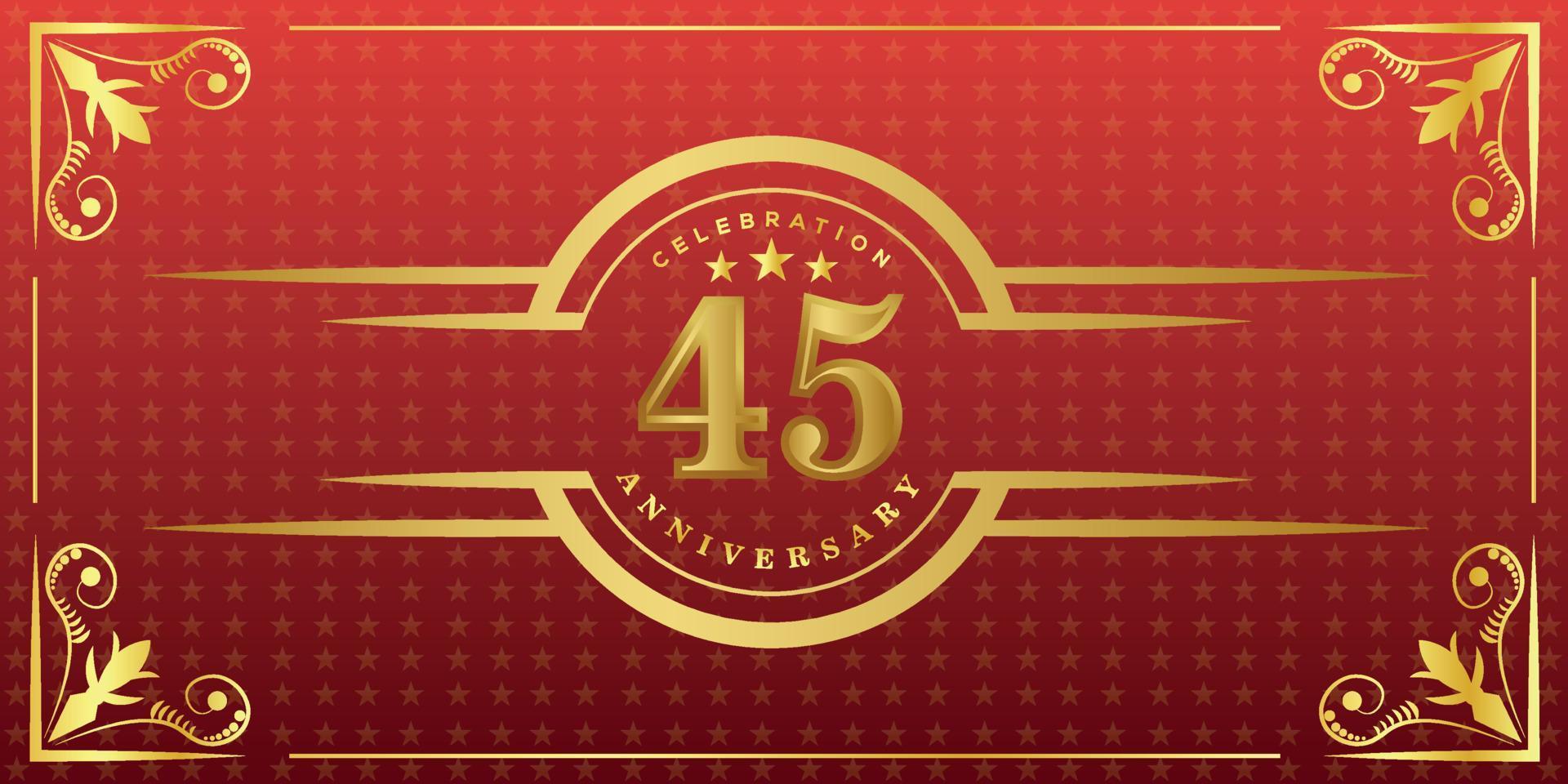45th anniversary logo with golden ring, confetti and gold border isolated on elegant red background, sparkle, vector design for greeting card and invitation card