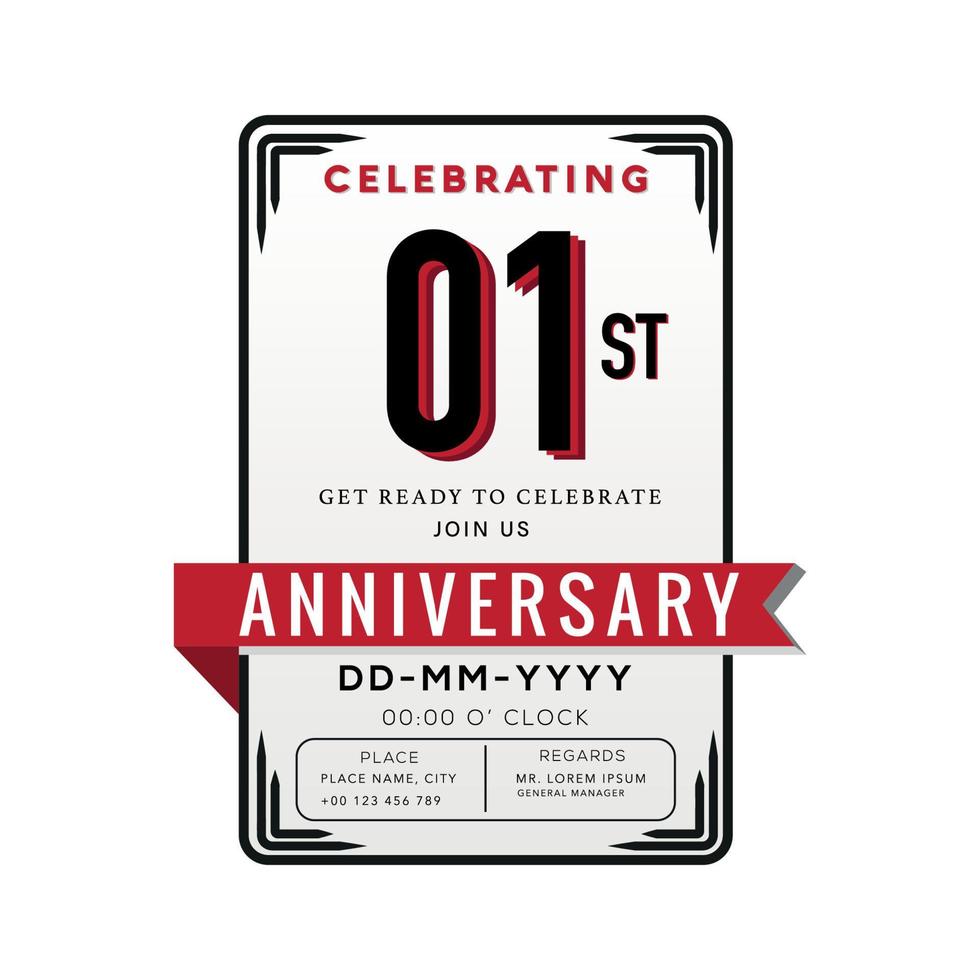 01 Years Anniversary Logo Celebration and Invitation Card with red ribbon Isolated on white Background vector