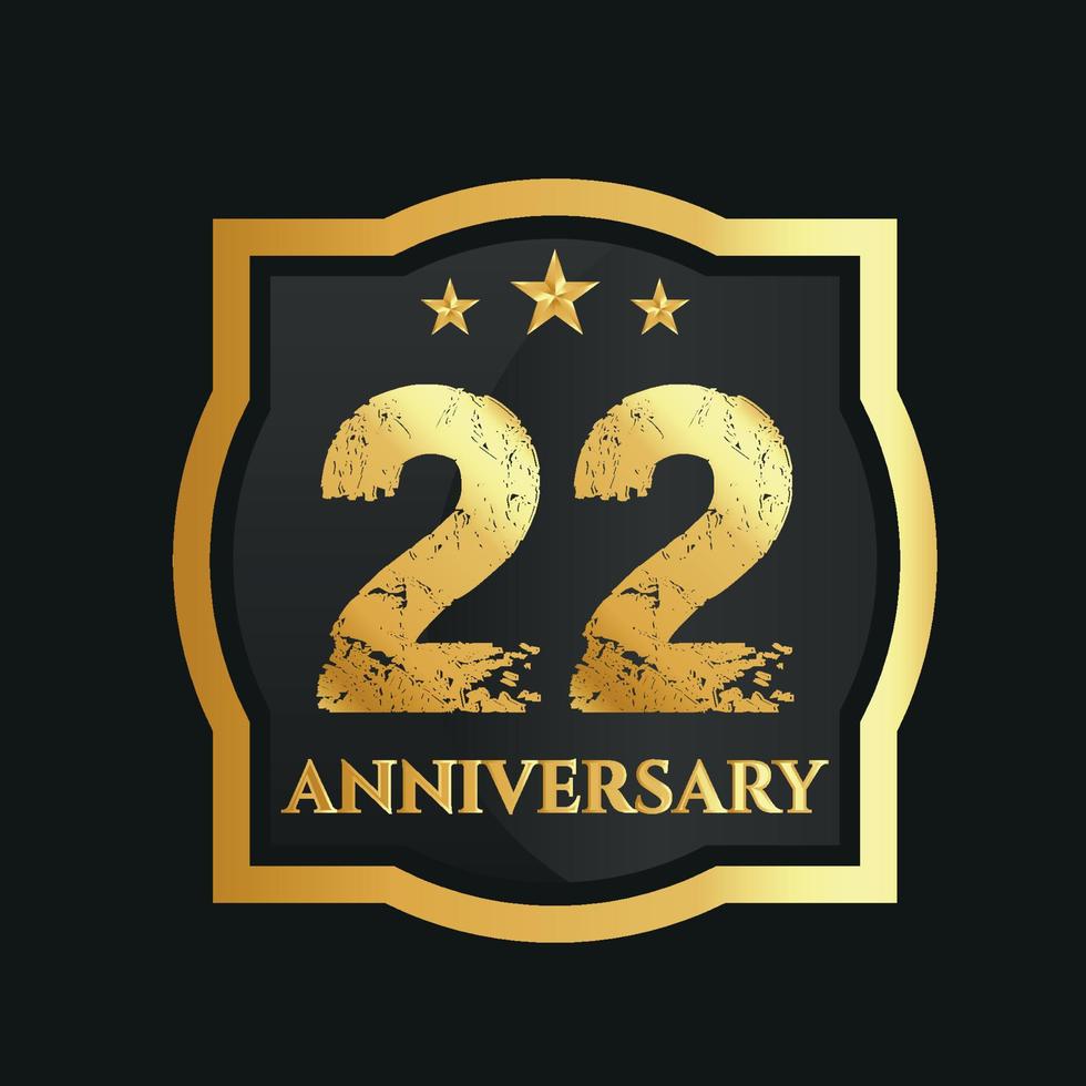 Celebrating 22nd years anniversary with golden border and stars on dark background, vector design.