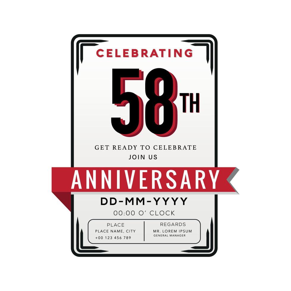 58 Years Anniversary Logo Celebration and Invitation Card with red ribbon Isolated on white Background vector