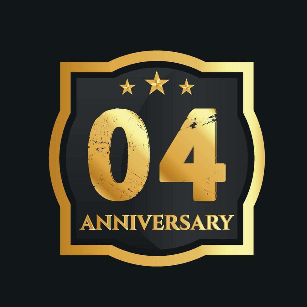 Celebrating 04th years anniversary with golden border and stars on dark background, vector design.