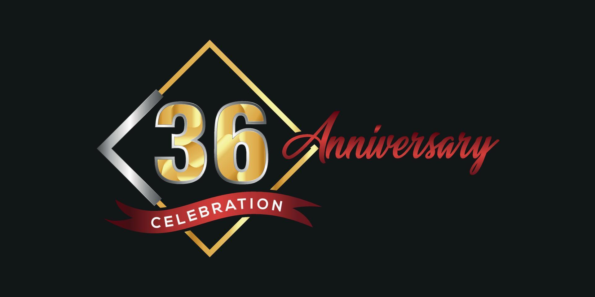 36th anniversary logo with golden and silver box, confetti and red ribbon isolated on elegant black background, vector design for greeting card and invitation card
