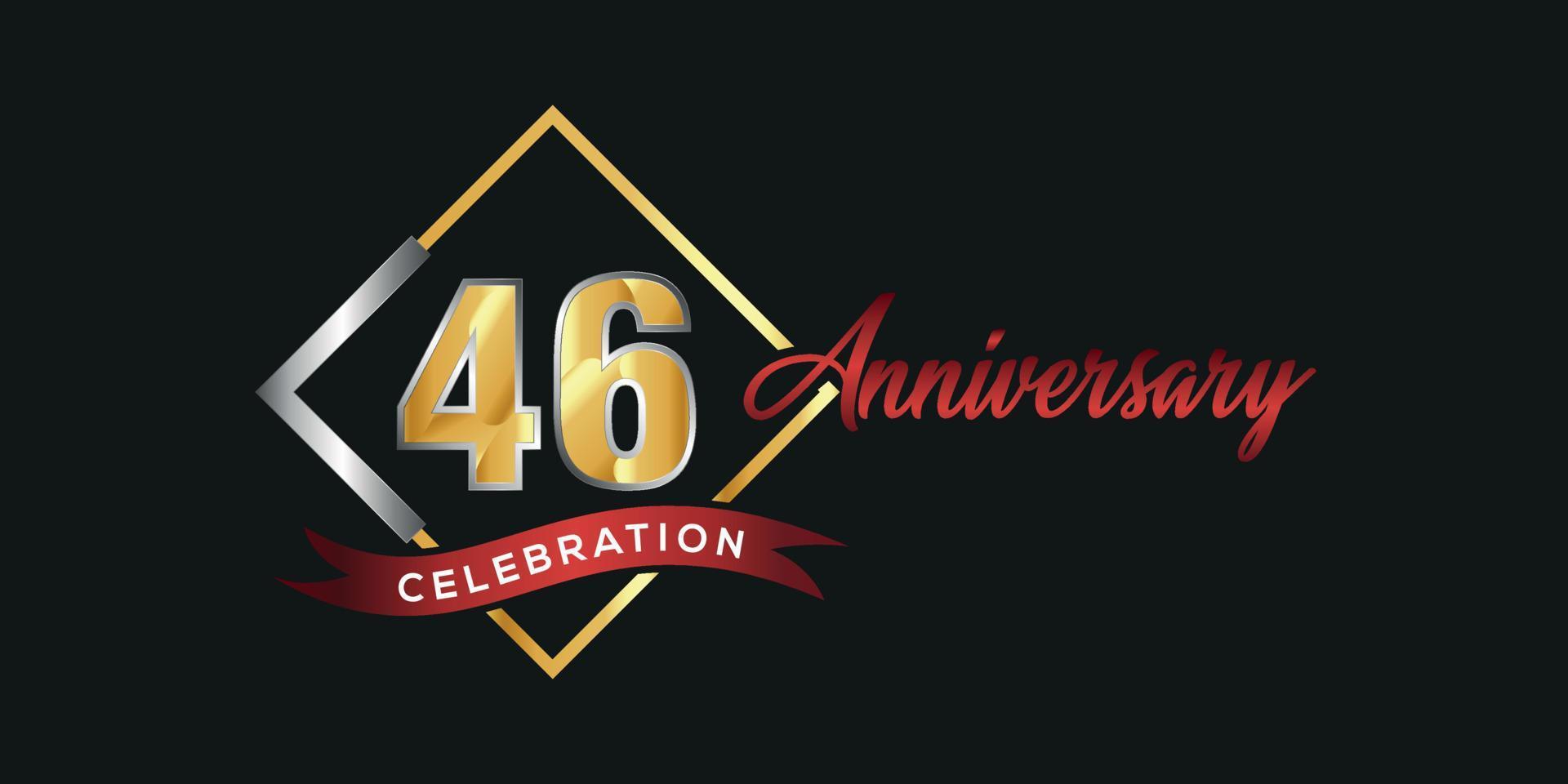 46th anniversary logo with golden and silver box, confetti and red ribbon isolated on elegant black background, vector design for greeting card and invitation card