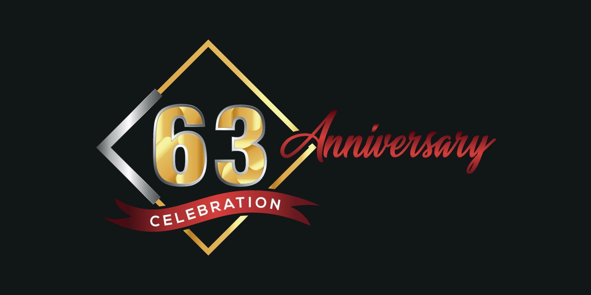 Logotipo del 63.º aniversario con caja dorada y plateada, confeti y cinta roja aislada en un elegante fondo negro, diseño vectorial para tarjetas de felicitación y tarjetas de invitación vector