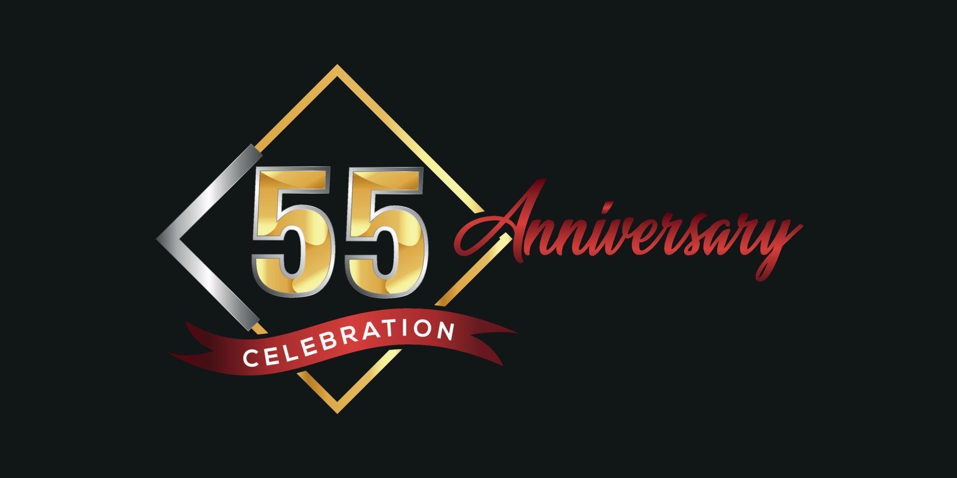 55th anniversary logo with golden and silver box, confetti and red ribbon isolated on elegant black background, vector design for greeting card and invitation card