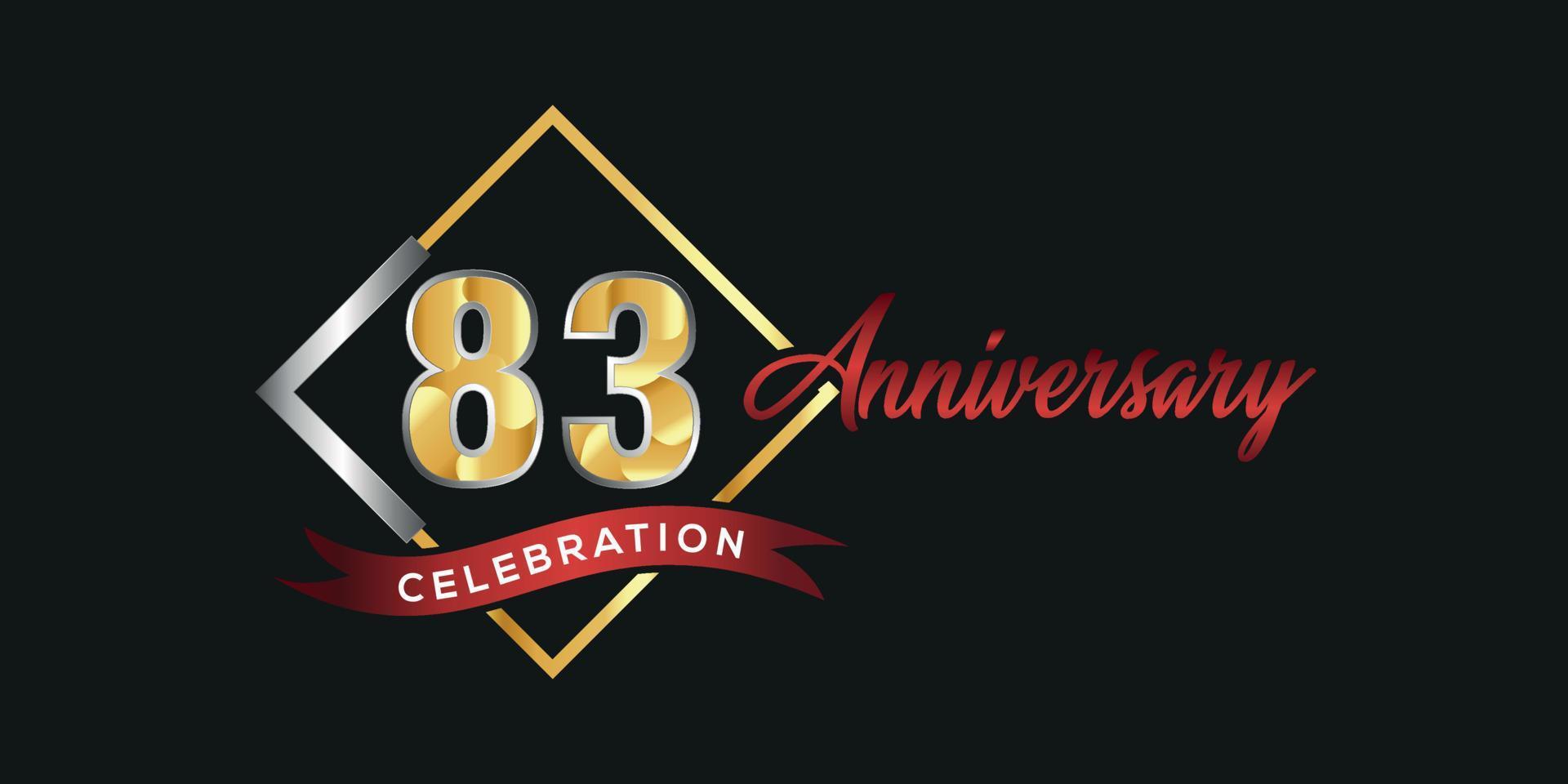 83rd anniversary logo with golden and silver box, confetti and red ribbon isolated on elegant black background, vector design for greeting card and invitation card