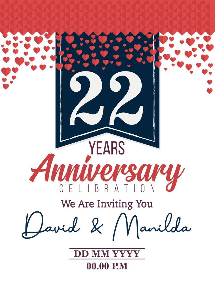 22nd Years Anniversary Logo Celebration With Love for celebration event, birthday, wedding, greeting card, and invitation vector