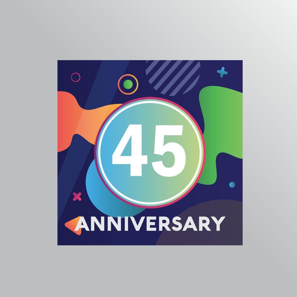 Logotipo de aniversario de 45 años, celebración de cumpleaños de diseño vectorial con fondo colorido y forma abstracta. vector