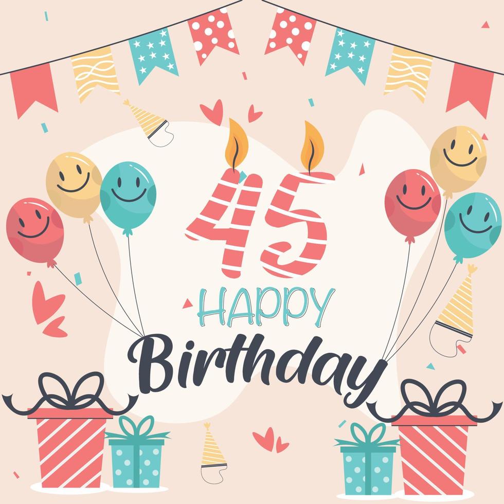 45th happy birthday vector design for greeting cards and poster with balloon and gift box design.