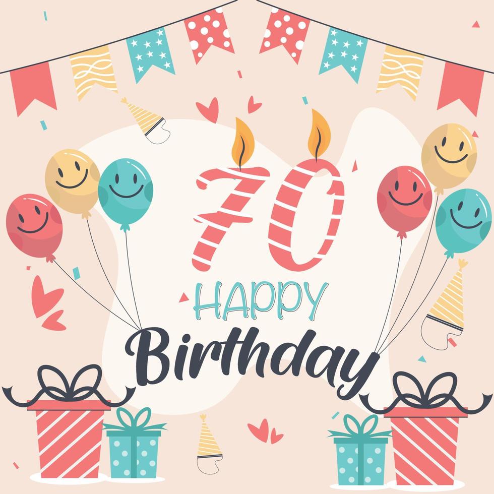 70th happy birthday vector design for greeting cards and poster with balloon and gift box design.