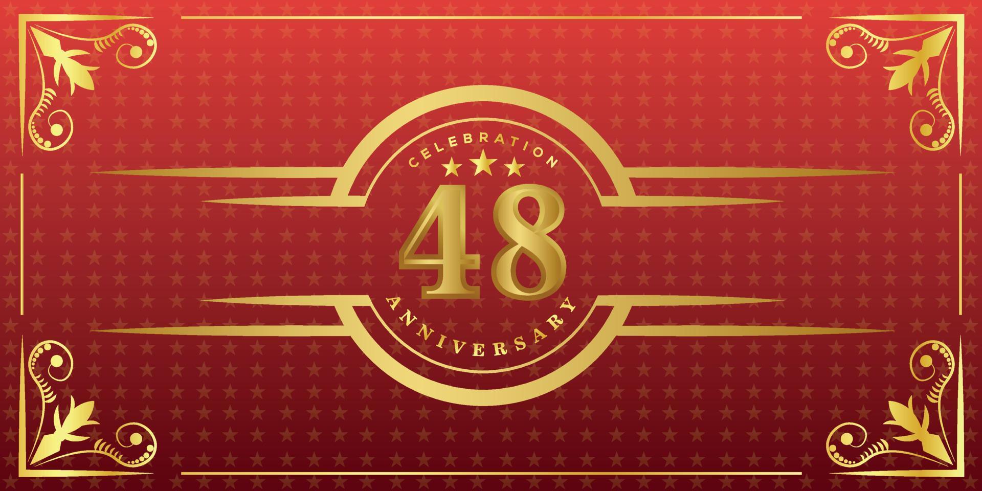 48th anniversary logo with golden ring, confetti and gold border isolated on elegant red background, sparkle, vector design for greeting card and invitation card
