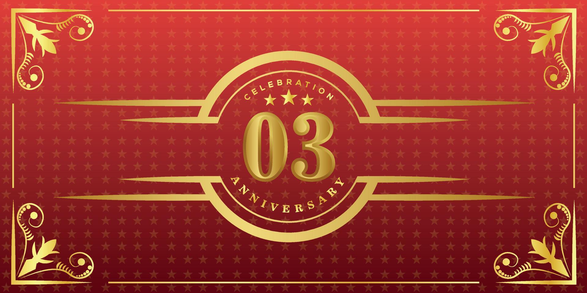 03rd anniversary logo with golden ring, confetti and gold border isolated on elegant red background, sparkle, vector design for greeting card and invitation card