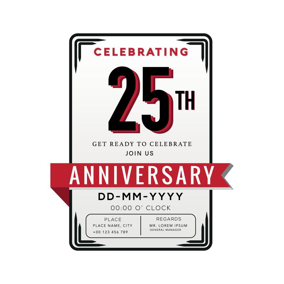 25 Years Anniversary Logo Celebration and Invitation Card with red ribbon Isolated on white Background vector