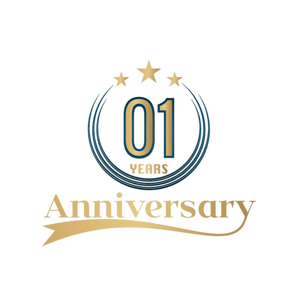 01 Year Anniversary Vector Template Design Illustration. Gold And Blue color design with ribbon