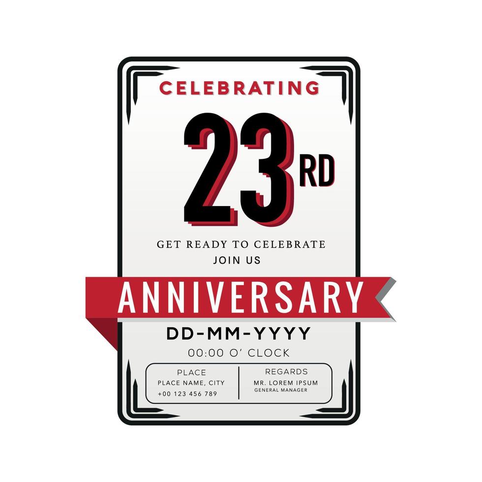 23 Years Anniversary Logo Celebration and Invitation Card with red ribbon Isolated on white Background vector