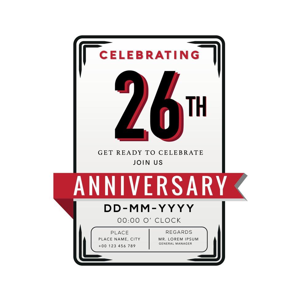 26 Years Anniversary Logo Celebration and Invitation Card with red ribbon Isolated on white Background vector