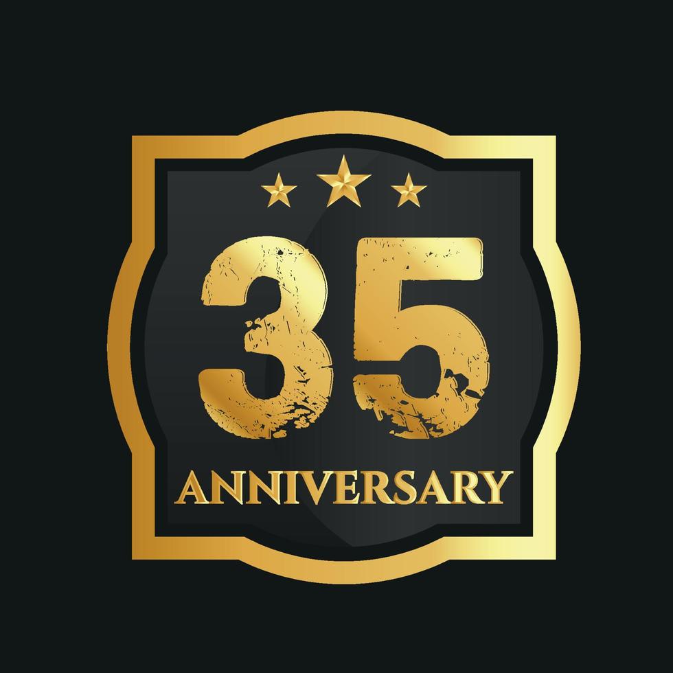 Celebrating 35th years anniversary with golden border and stars on dark background, vector design.