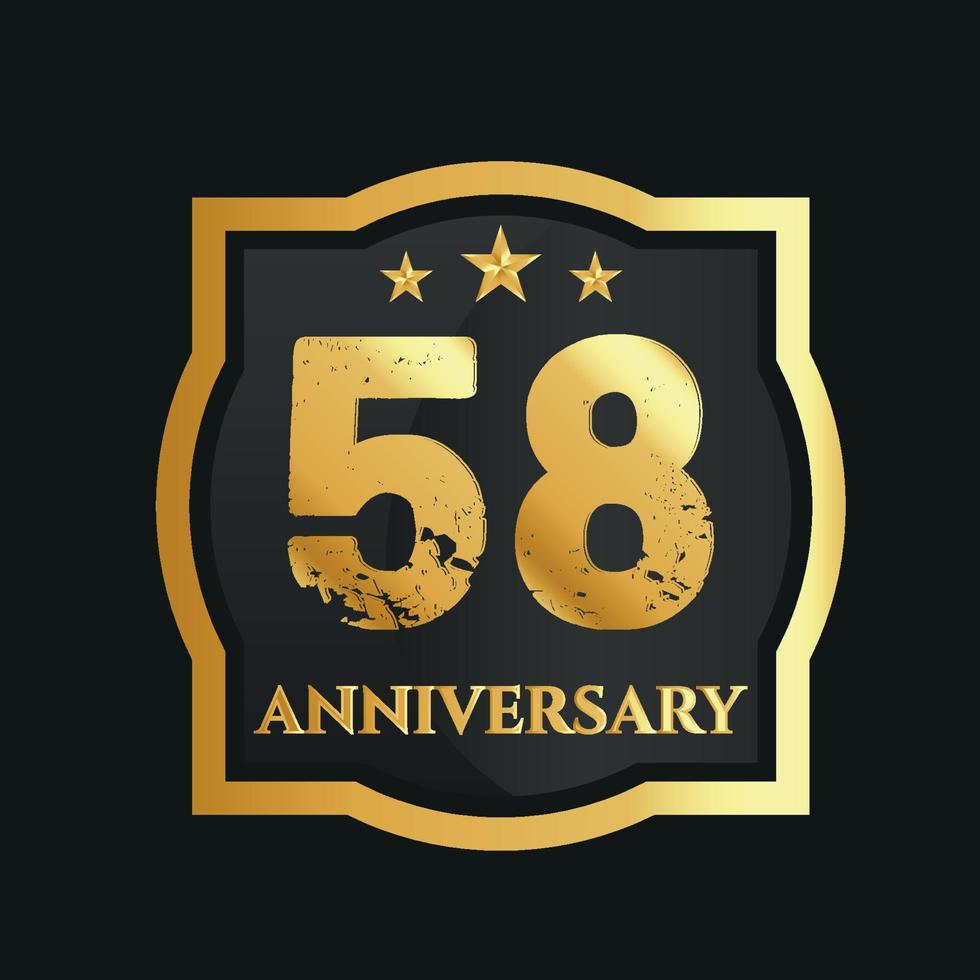 Celebrating 58th years anniversary with golden border and stars on dark background, vector design.