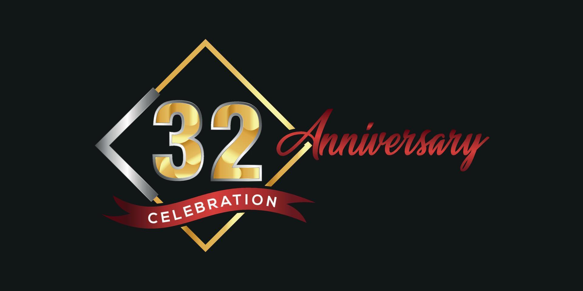 32nd anniversary logo with golden and silver box, confetti and red ribbon isolated on elegant black background, vector design for greeting card and invitation card