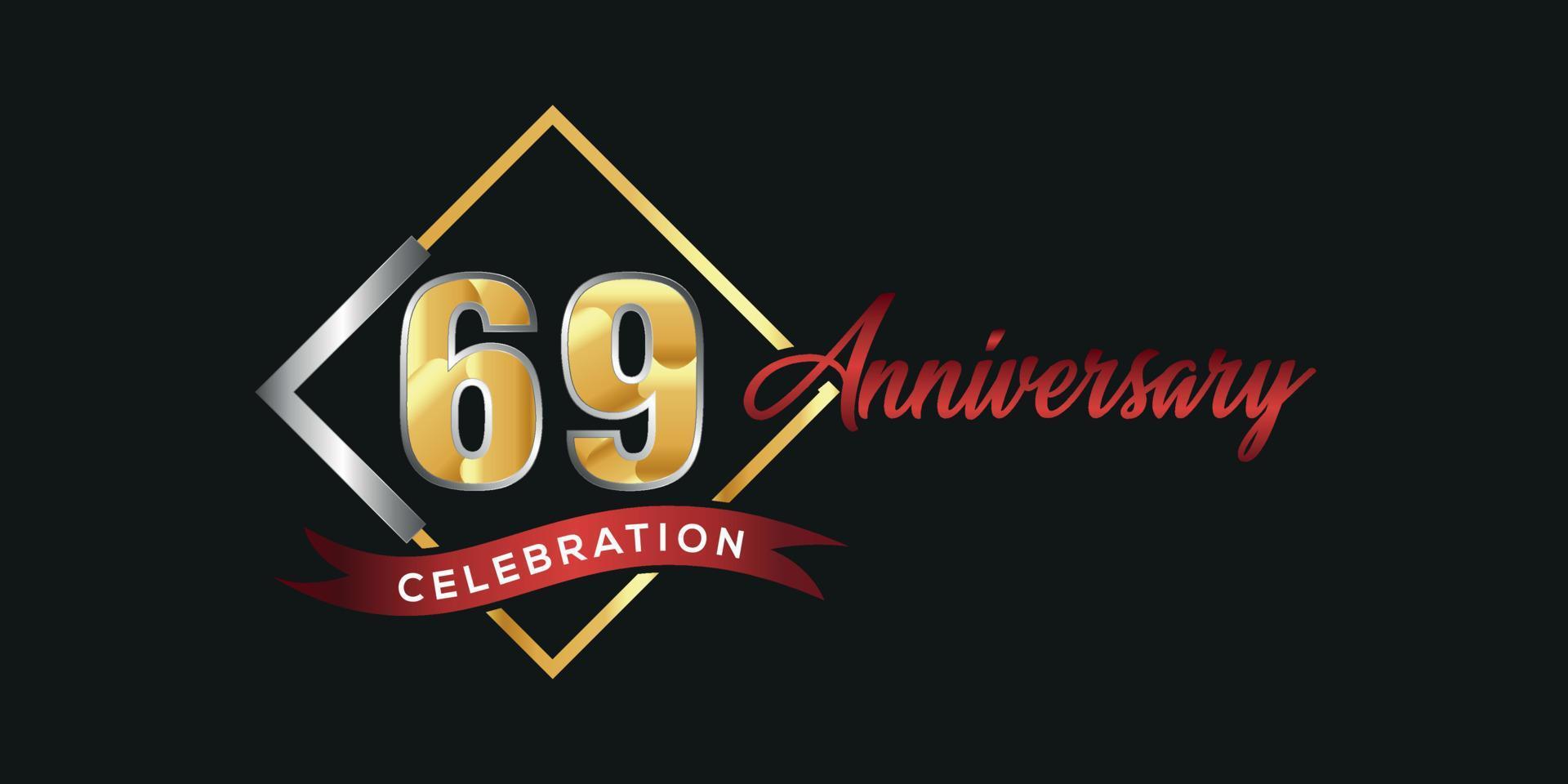 69th anniversary logo with golden and silver box, confetti and red ribbon isolated on elegant black background, vector design for greeting card and invitation card